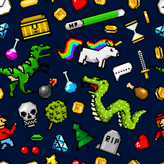 Fototapete - Pixel art 8 bit objects Seamless pattern. Retro game assets. Set of icons. Vintage computer video arcades. Characters dinosaur pony rainbow unicorn snake dragon monkey and coins, Winner's trophy.