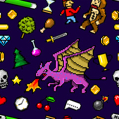 Wall Mural - Pixel art 8 bit objects Seamless pattern. Retro game assets. Set of icons. Vintage computer video arcades. Characters dinosaur pony rainbow unicorn snake dragon monkey and coins, Winner's trophy.