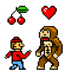 Fototapete - Pixel art 8 bit objects. Character Monkey Cherry and Heart. Retro game assets. Set of icons. vintage computer video arcades. Vector illustration.