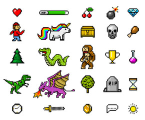 Fototapete - Pixel art 8 bit objects. Retro game assets. Set of icons. Vintage computer video arcades. Characters dinosaur pony rainbow unicorn snake dragon monkey and coins, Winner's trophy. Vector illustration.
