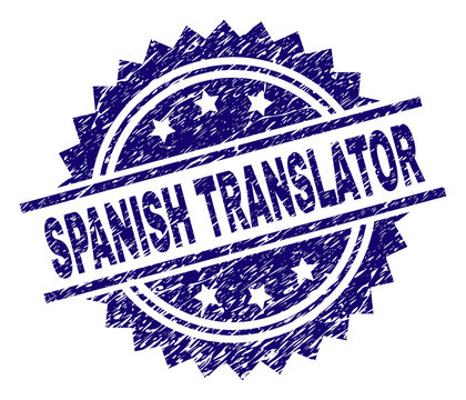 SPANISH TRANSLATOR stamp seal watermark with distress style. Blue vector rubber print of SPANISH TRANSLATOR text with unclean texture.