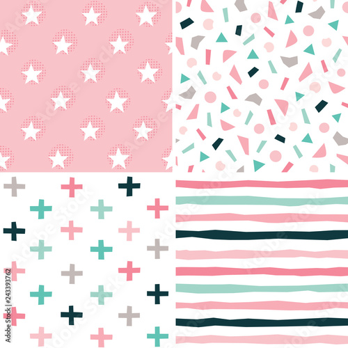 Set Of Seamless Vector Geometric Backgrounds In Blush Pink Mint And Black For Babies And Girls Includes Confetti Stripes Swiss Crosses Stars For Textiles Cards Gift Wrapping Paper Wallpapers Stock Vector