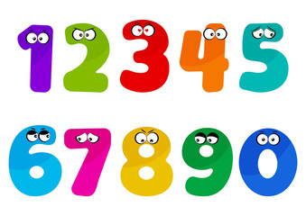 Colorful kids font numbers from 1 to 0 with cartoon eyes with different emotions. Vector illustration