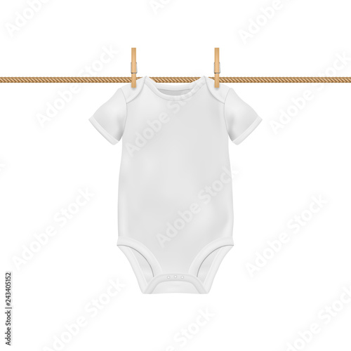 Vector Realistic White Blank Baby Bodysuit Template Mock Up Hanging Vector Realistic White Blank Baby Bodysuit Template Mock Up Hanging On Rope With Clothes Peg Closeup Isolated Background