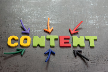 Poster - Important of content in advertising and communication concept, colorful arrows pointing to the word CONTENT at the center on black cement wall, creativity of using content on website and social media
