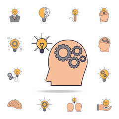 Poster - human brain with gears connected to light bulb fild color icon. detailed set of color idea icons. pr