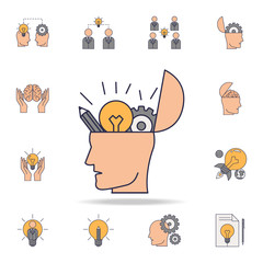 Poster - head with pencils with a light bulb and gears fild color icon. Detailed set of color idea icons. Premium graphic design. One of the collection icons for websites, web design