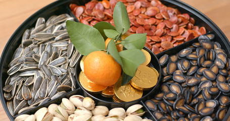 Poster - Snack box for lunar new year, chocolate golden coins words means blessing for good wealth