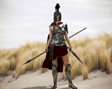 The Spartan. Portrait Of A Battle Hardened Greek Spartan Female Warrior Equipped With A Sword And Spear Ready For Battle. 3d Rendering