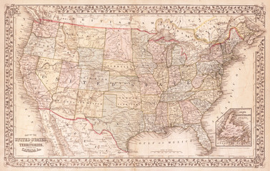 Fototapete - Old Map of the United States, 1867, Mitchell