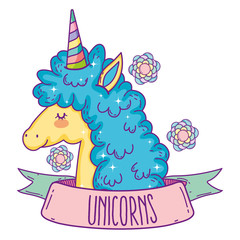 Poster - cute unicorn animal with ribbon and flowers