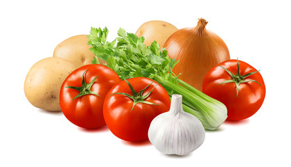 Wall Mural - Potato, tomato, celery, onion and garlic isolated on white