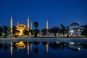 Wall Mural - illuminated blue or sultan ahmed mosque with night reflection in