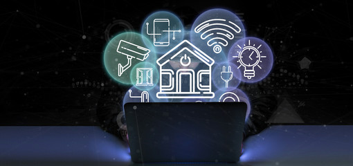 Poster - hacker man holding smart home interface with icon, stats and data 3d rendering