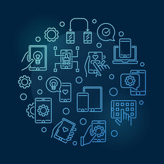 Poster - apps and mobile app development vector round blue outline illustration on dark background