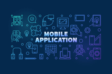 Poster - mobile application vector concept colored horizontal illustration or banner in thin line style