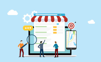 Poster - local seo market strategy business search engine optimization with team people working together on front of store and maps online - vector