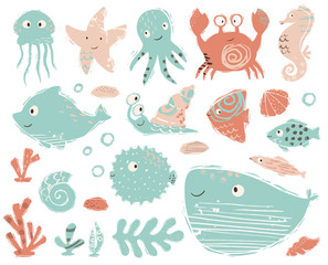 Seahorse, octopus, crab, snail, fugue fish, starfish, whale, dolphin, jellyfish baby cute illustration. Sweet sea animals.