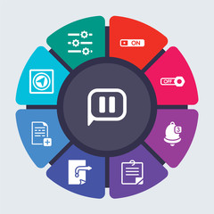 user interface and web vector template for infographics. Business concept with 9 options, steps, parts, segments. Banner infographic cycling diagram, round chart, Pause, Options, On, Off icons