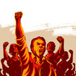 Crowd of People with their hands and fist raised in the air vector illustration. Revolution political protest activism patriotism.
