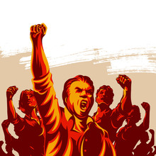 Crowd Of People With Their Hands And Fist Raised In The Air Vector Illustration. Revolution Political Protest Activism Patriotism.