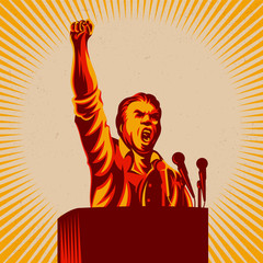 Orator speak from tribune with his hand raised in the air vector illustration. Revolution public statement. Political protest activism.