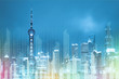© newroadboy - City business digital future technology and construction multiple exposure with illustration digit-element and Shanghai business skyscraper at night.