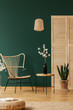 © Photographee.eu - Rattan chandelier above wicker chair next to wooden table with black glass vase with cotton flower, copy space on the empty green wall