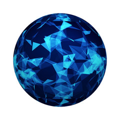 Poster - Blue digital data and network connection triangle lines and spheres in futuristic technology concept on ball or sphere shape isolated on white background. Mock up design. 3d abstract illustration
