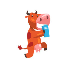 Sticker - Funny brown cow with carton of milk, farm animal cartoon character, design element can be used for advertising, milk package, baby food vector Illustration