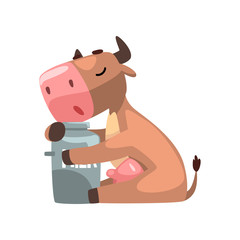 Sticker - Funny brown cow hugging milk can, farm animal cartoon character, design element can be used for advertising, milk package, baby food vector Illustration