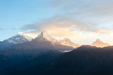 View Of Annapurna Mountain Range From Poon Hill (3210 M) On Sunrise. It's The Famous View Point In Gorepani Village In Annapurna Conservation Area, Nepal.