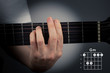 Guitar chord on a dark background. G Minor Chord. Gm tab fingering
