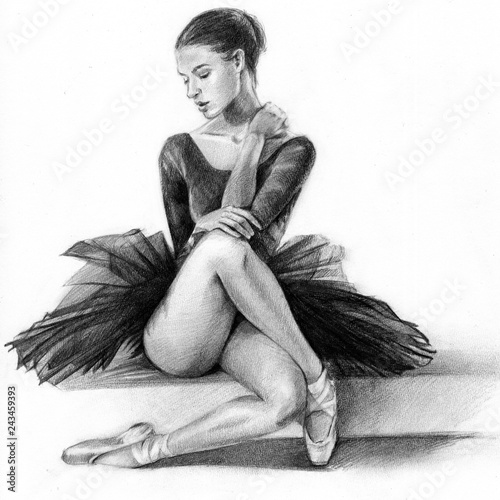  Naklejka baletnica   ballerina-czarna-tancerka-siedzi-dziewczyna-rysunek-olowkiem-grafiki