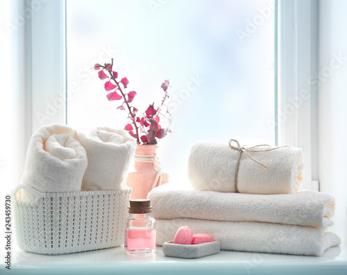 Cuadros en Lienzo Bathroom towels and soap empty space background,shower items.
