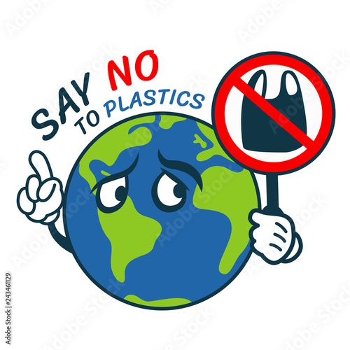 say no to plastic with world charator hold stop plastic banner vector