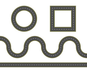 Road construction set. Highway map toolkit. Connectable road elements. Vector illustration of winding road.