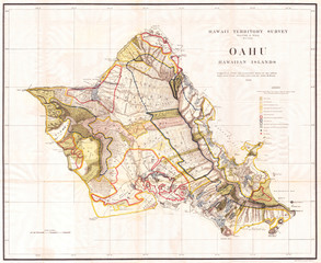 Fototapete - Old Map of the Island of Oahu, Hawaii, Honolulu 1902, Land Office Map
