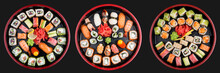 Sushi Set Nigiri, Rolls And Sashimi Served In Traditional Japan Black Sushioke Round Plate. On Dark Background