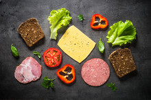 Ingredients For Sandwich On A Black Background.
