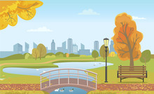 Autumn City Park With Pond And Ducks Under Bridge