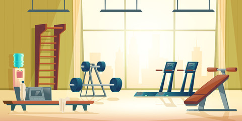 Modern sport club gym cartoon vector interior with treadmill, abdominal bench, barbell and dumbbell on stand in spacious room illustration. Contemporary fitness equipment. Active and healthy lifestyle