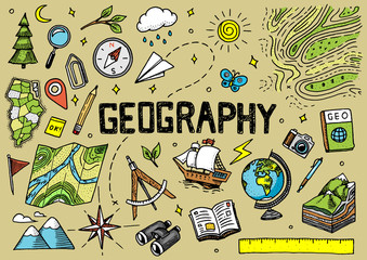 set of geography symbols. equipments for web banners. vintage outline sketch for web banners. doodle