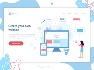 Fototapete - Web banner design template. The girl creates her own website. She's holding a magic wand. Website builder concept. Flat vector illustration.