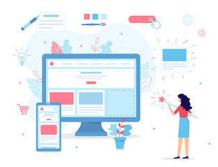 Fototapete - The girl creates her own website. She's holding a magic wand. Website builder concept. Web development. Flat vector illustration.