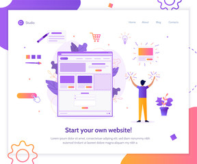 Fototapete - Web banner design template for landing page. A man creates his own website. Website builder concept. Flat vector illustration.