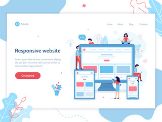 Fototapete - Development team create responsive website for different devices: computer, tablet and smartphone. Web page design template. Flat vector illustration.