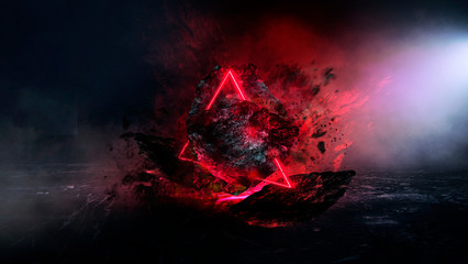 Abstract background with comet explosion. Dark room with smoke, burning stone, laser beam, red neon. Space explosion in the room.