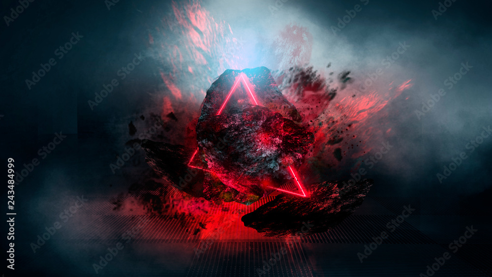 Abstract background with comet explosion. Dark room with smoke, burning stone, laser beam, red neon. Space explosion in the room. - obrazy, fototapety, plakaty 