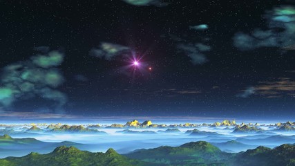 Wall Mural - Two Stars (UFO) over Alien Planet. From the depths of the dark starry sky two stars fly out (UFO) and fly over the desert landscape. Nebulae in the sky and scattered clouds. 